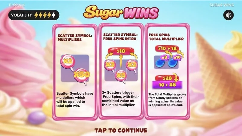 Sugar Wins - menu principal do slot